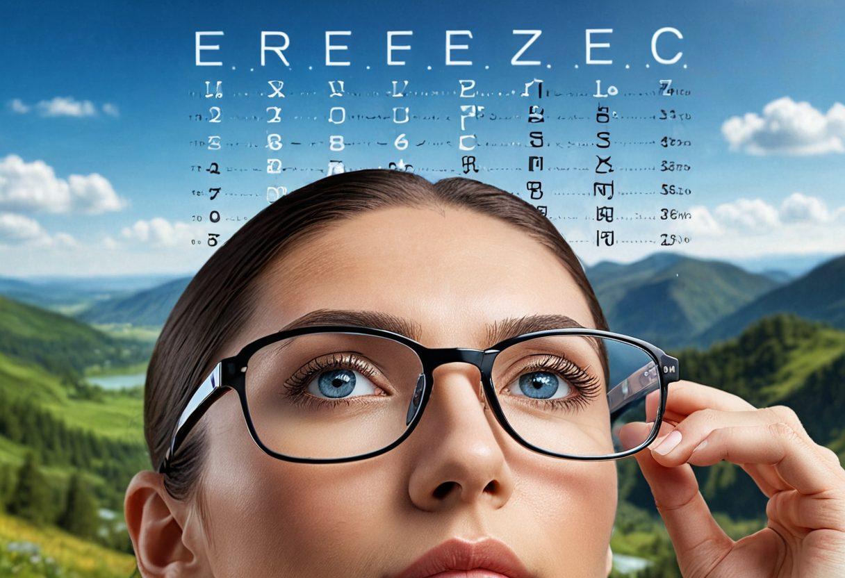 A vibrant scene depicting a pair of glasses overlaid with digital vision charts, surrounded by eye care tools like eye drops and contact lenses. In the background, a confident individual looks out at a beautiful landscape, symbolizing clarity and vision. Bright colors and clear details emphasize health and technology in eye care. super-realistic. vibrant colors. white background.