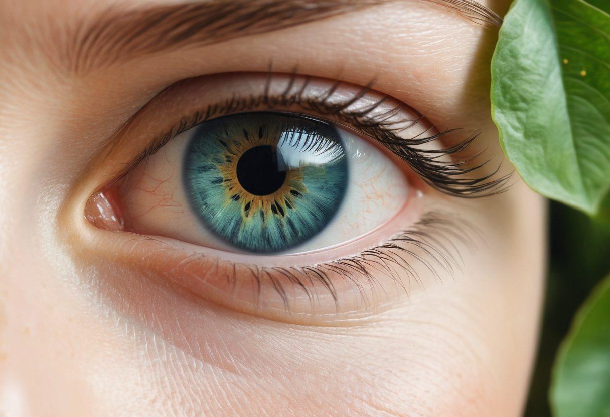 A close-up of a pair of open eyes, reflecting a serene landscape of nature, symbolizing clarity and wellness. Surround the eyes with various ophthalmic medications like eye drops and pills, elegantly arranged on a soft fabric. Include subtle diagrams of the eye anatomy in the background to provide an educational touch. Use soothing colors like blues and greens to convey a sense of health and calmness. super-realistic. vibrant colors. soft focus.