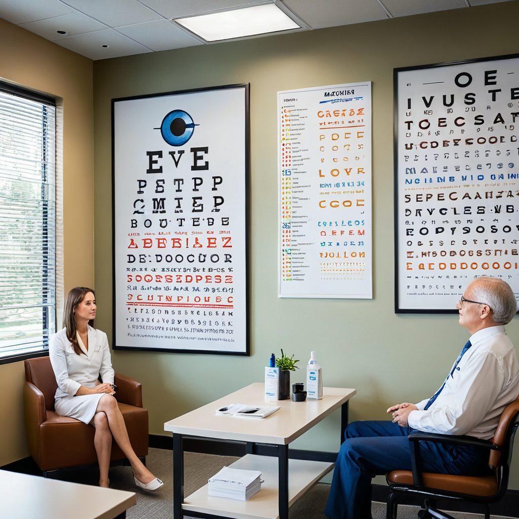 A serene eye clinic with a warm, inviting atmosphere, showcasing a diverse group of patients receiving personalized eye care, including an optometrist explaining therapy options to a young woman and a senior man. In the background, display educational posters about eye wellness and colorful eye charts. The setting should feel comforting and professional, illustrating the journey from prescriptions to holistic therapy for better vision. warm colors. super-realistic.